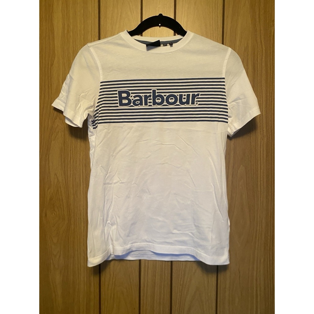 Barbour Logo Stripe Graphic T-Shirt White Blue Cotton Crew Neck Youth XL 12-13
